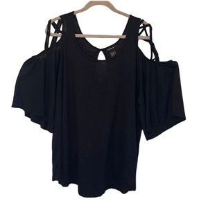 Torrid Black Flutter-Sleeve Cold Shoulder Strappy Blouse Keyhole Plus Size 2